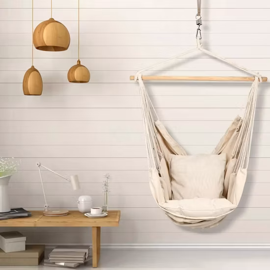 Cadeira de rede de corda de algodão com macramê, cadeira de balanço, balanço de jardim, cadeira suspensa de rede com borla, balanço de ninho, balanço de cesta